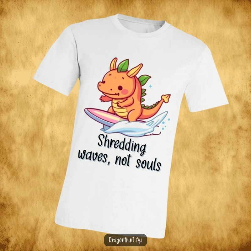 Funny determined dragonfruit character attempting to surf a miniature wave on a tiny surfboard, vibrant fruit tee.