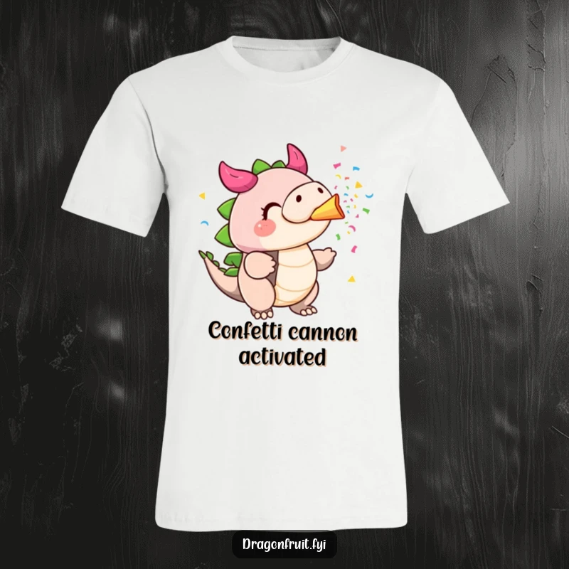 Funny dragonfruit t-shirt with puffed cheeks blowing colorful confetti from its stem, a joyful and vibrant party graphic.