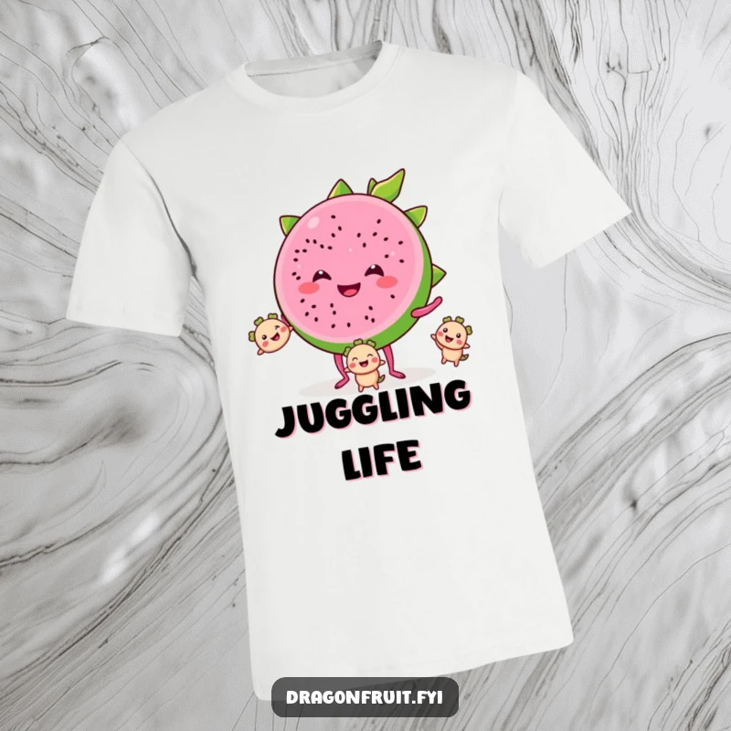 Funny t-shirt with a smiling dragonfruit slice on tiny legs, juggling smaller segments, embodying playful tropical humor.