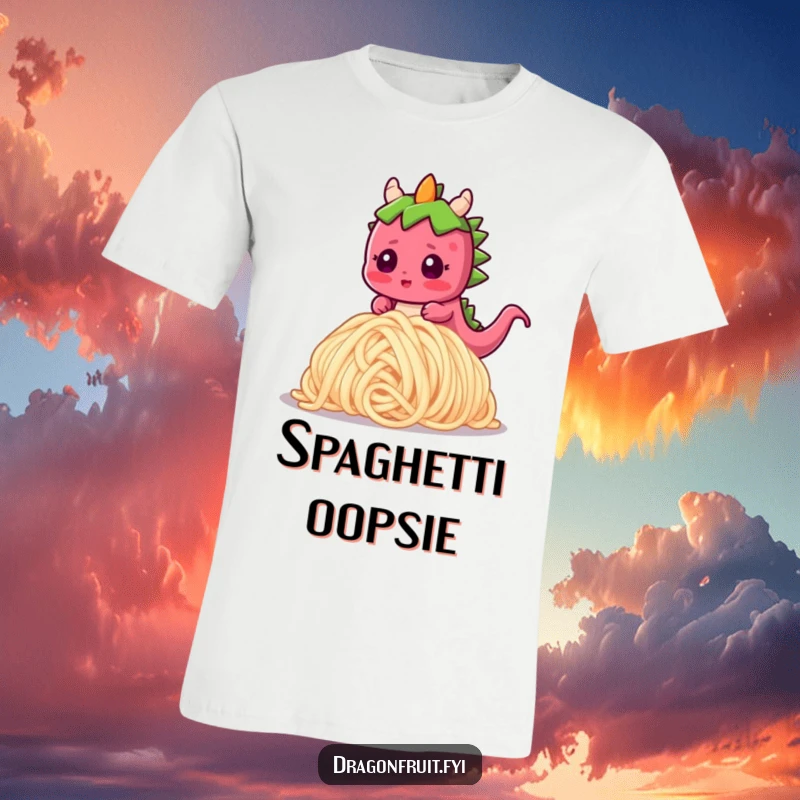 Funny T-shirt depicting a blushing dragonfruit tripping over a giant noodle, expressing surprise and comical mishap adorably.