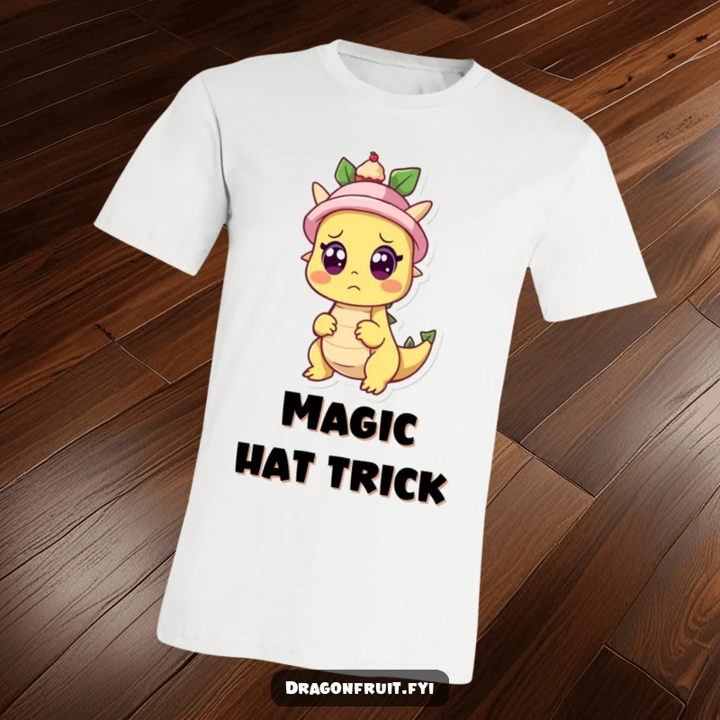 Funny t-shirt featuring a dragonfruit character with comically wide eyes, looking surprised as a tiny cupcake pops out of a hat.