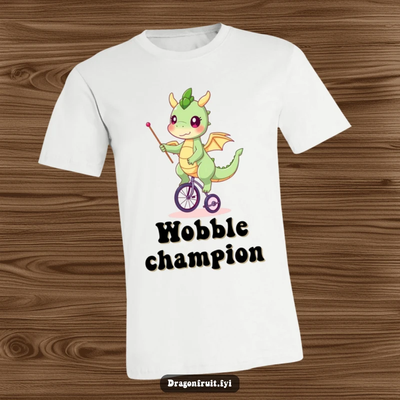 Funny dragonfruit t-shirt, character balancing on a tiny unicycle, waving a flag, a whimsical and humorous design.