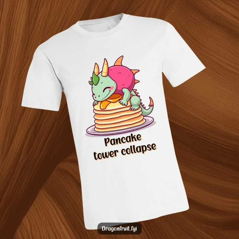 Funny t-shirt depicting a dragonfruit with a sheepish grin, comically tipping over a precarious stack of pancakes, showcasing a food fail.
