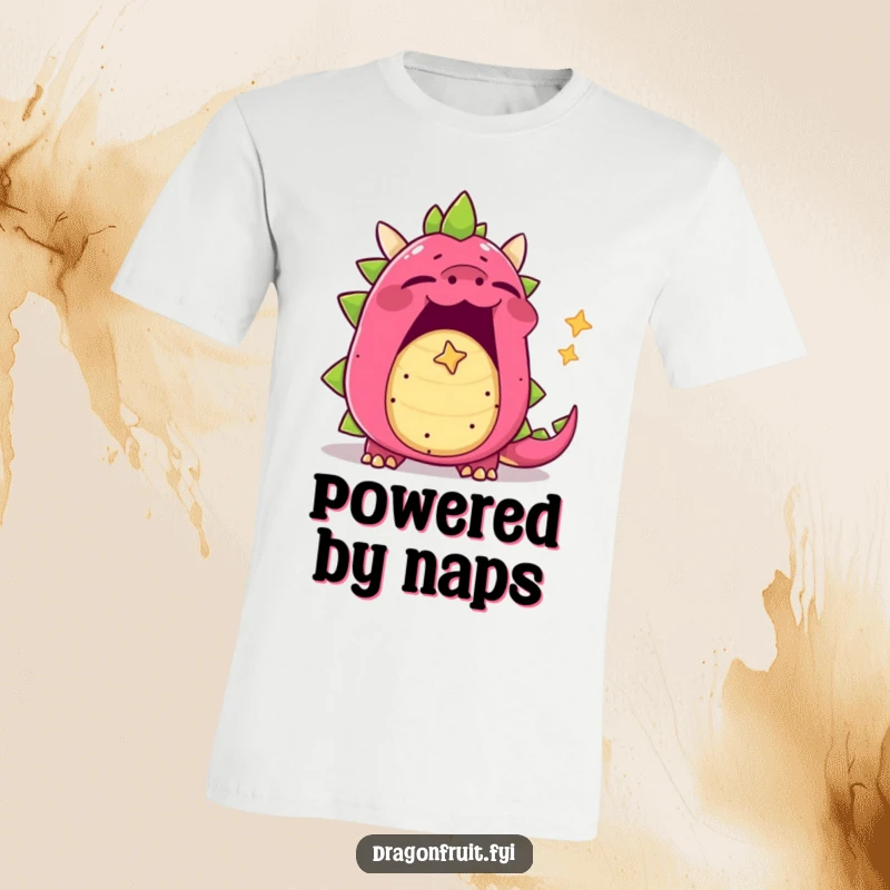 Funny yawning dragonfruit t-shirt, mouth wide open, blowing a tiny star-shaped bubble, a cute and sleepy design.