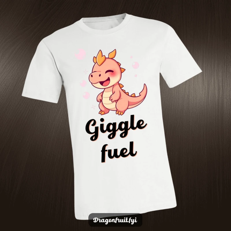 Funny Dragonfruit T-Shirt showcasing a character joyfully giggling, with effervescent bubbles floating around them, radiating happiness.