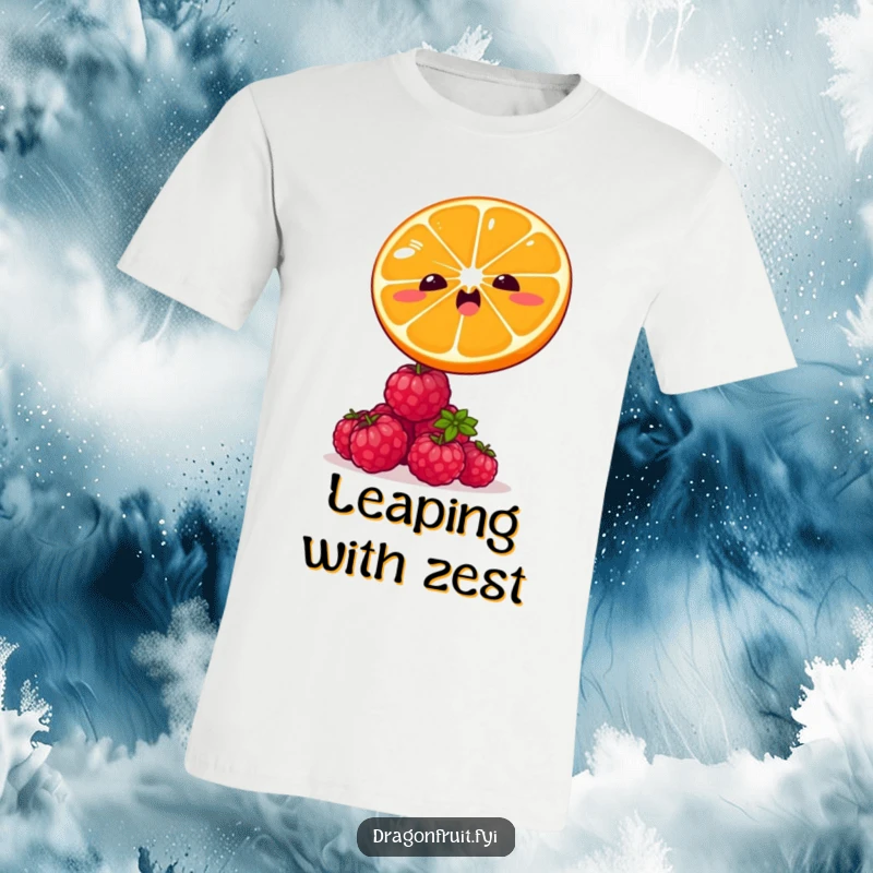 Funny t-shirt depicting a winking orange slice leaping energetically over a stack of tiny, laughing raspberries. Whimsical fruit play.
