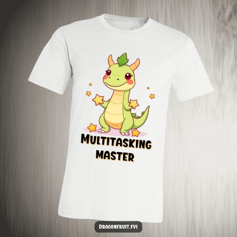 Funny T-shirt illustrating a dragonfruit character with legs enthusiastically juggling starfruit, showcasing playful tropical vibes.