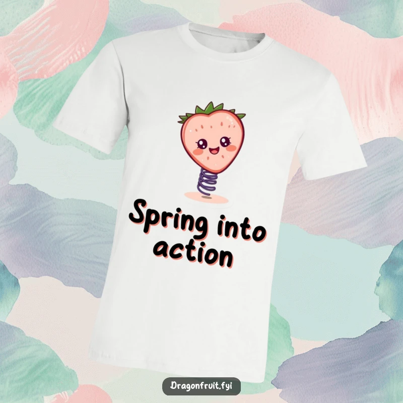 Funny t-shirt with a happy strawberry slice character joyfully bouncing on a spring, embodying playful energy.
