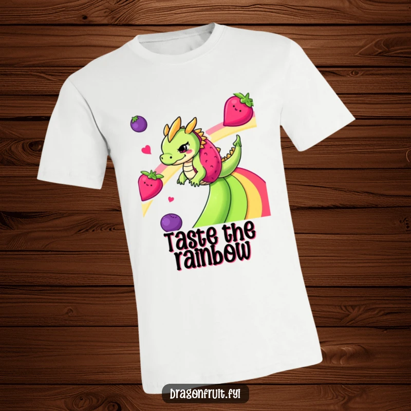Funny mischievous dragonfruit sliding down a rainbow made of various fruits on a fun t-shirt.