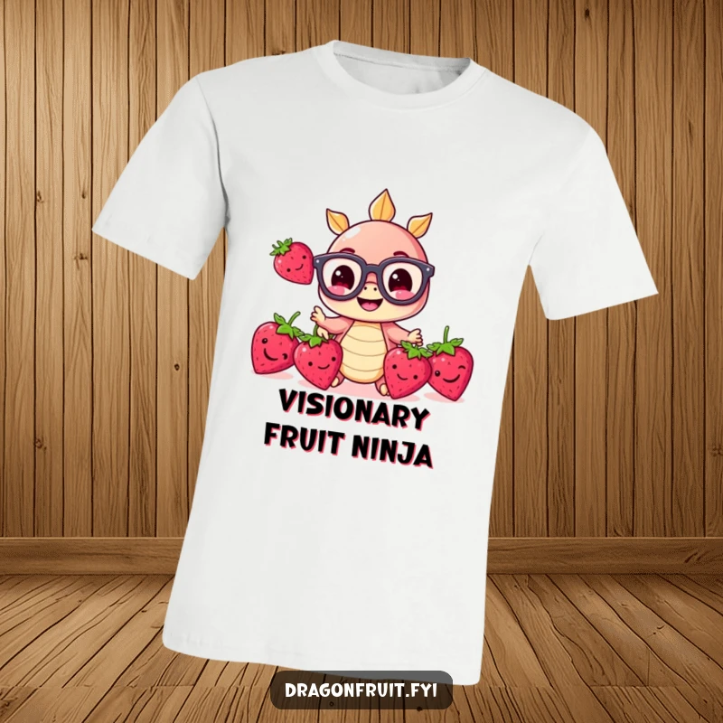 Funny t-shirt featuring a tiny smiling dragonfruit in glasses, juggling three happy strawberries, exuding fun and silliness.