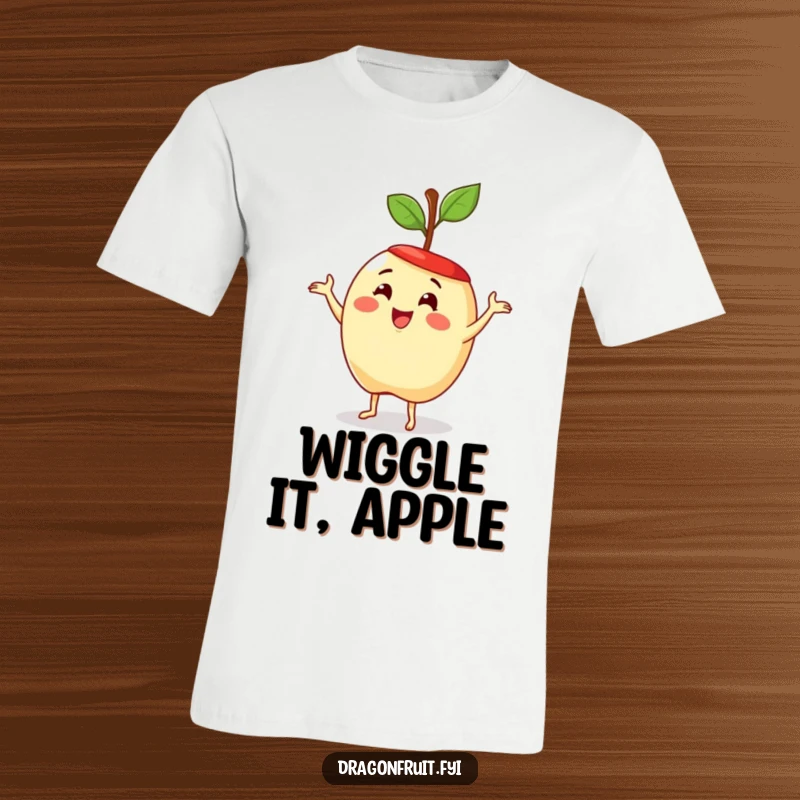 Funny t-shirt displaying a delighted apple with a stem hat, performing a lively, silly dance. Whimsical fruit art.