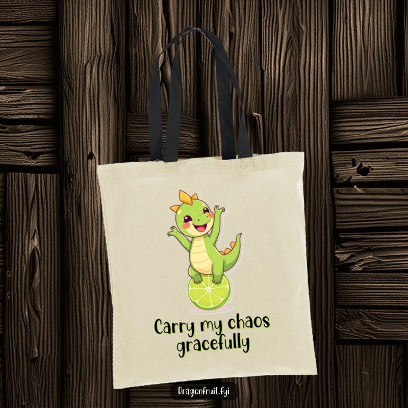 Funny dragonfruit character performing a handstand atop a lime, printed on a durable tote bag, a fun gift.