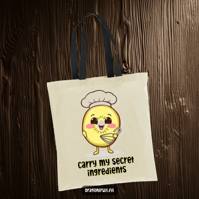 Funny tote bag with a smiling kiwi slice wearing a chef hat, whisking batter, symbolizing sweet baking fun.