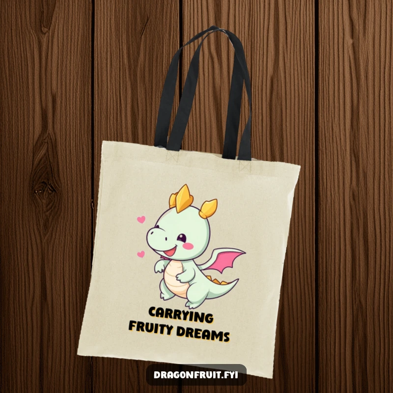 Funny tote bag depicting a dragonfruit character with tiny wings joyfully taking flight, a symbol of tropical adventure.