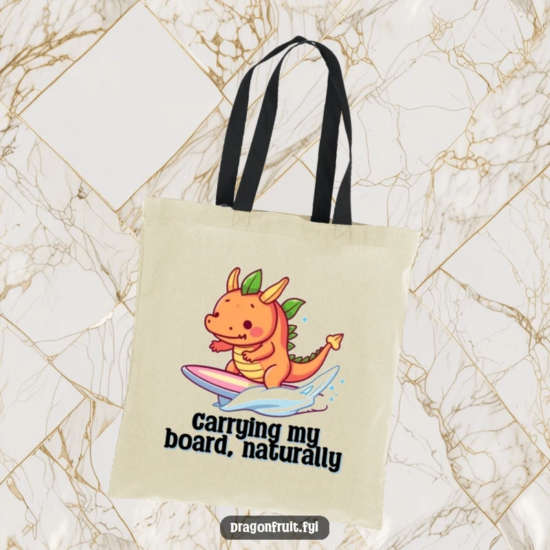 Funny determined dragonfruit riding a tiny wave on a surfboard, a humorous and practical tote bag.