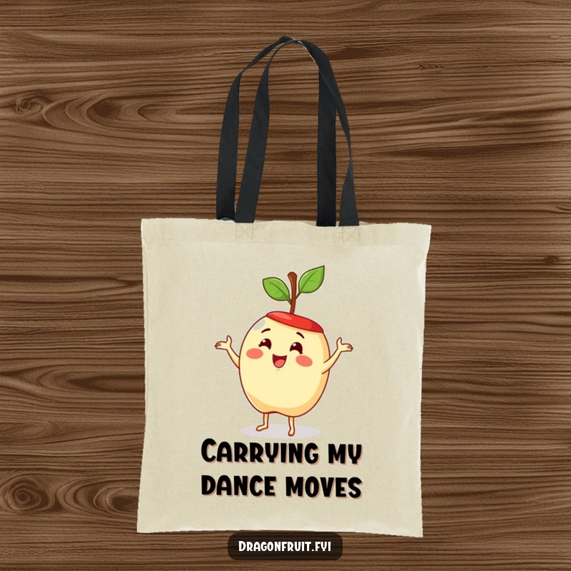 Funny tote bag with a delighted apple wearing a stem hat, dancing playfully. Practical and humorous fruit accessory.