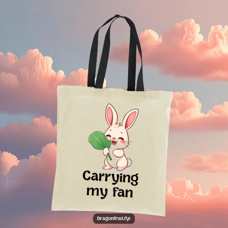 Funny Bunny Rabbit Fan Tote Bag with a giggling rabbit fanning itself enthusiastically with a large leaf.