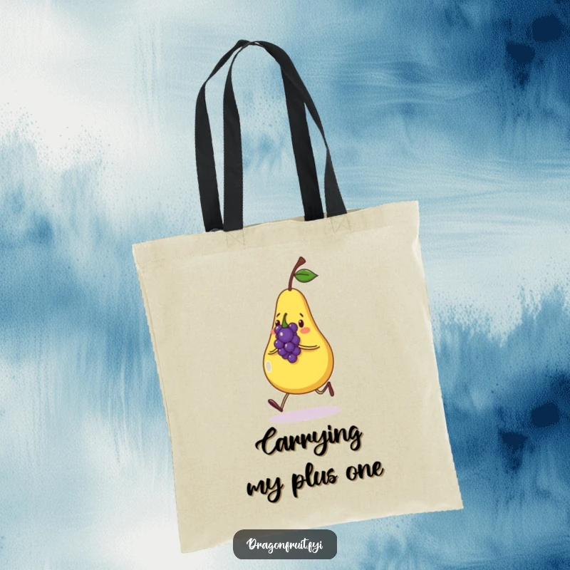 Funny tote bag with a skipping pear and a singing grape. Practical and humorous fruit-themed accessory.