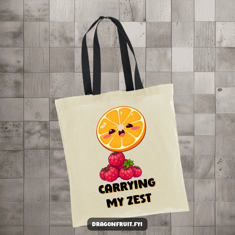 Funny tote bag with a winking orange slice leaping over tiny, giggling raspberries. Practical and humorous fruit accessory.