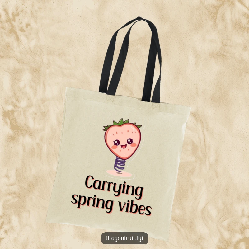 Funny tote bag depicting a cheerful strawberry slice character joyfully bouncing on a spring, ideal for carrying essentials.