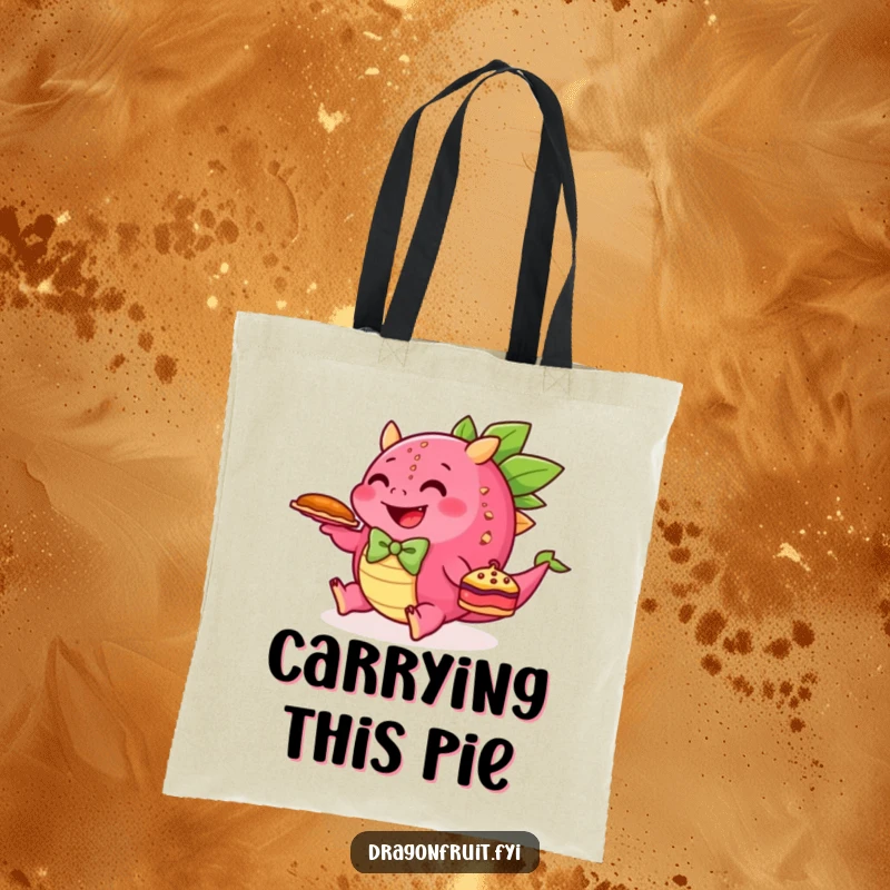 Funny tote bag with a happy dragonfruit in a bowtie tripping while holding a pie, a humorous and useful accessory.