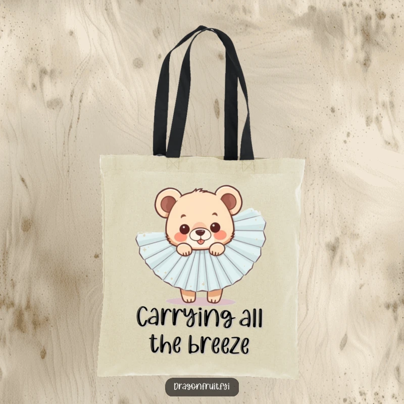 Funny Bear Cub Fan Tote Bag with a cheerful cub peeking from behind a sparkly fan, perfect for shopping.