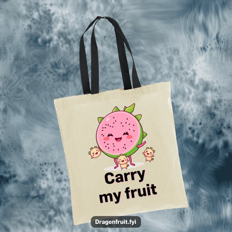 Funny tote bag showing a smiling dragonfruit slice on tiny legs, juggling smaller segments, perfect for carrying groceries with a smile.