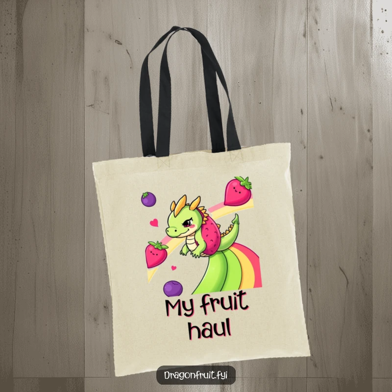 Funny mischievous dragonfruit sliding down a fruit rainbow into a durable tote bag, ready for adventures.