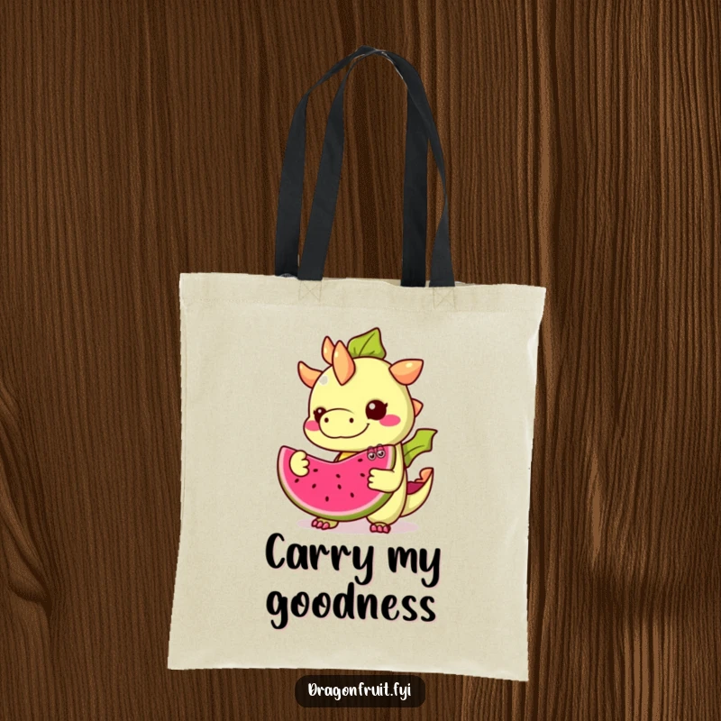 Funny Dragonfruit Tote Bag: Features a mischievous dragonfruit with googly eyes offering a slice of itself, a fun and functional bag.