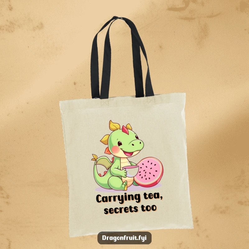 Funny happy dragonfruit character having a tea party with a tiny teacup, a cute and humorous tote bag.