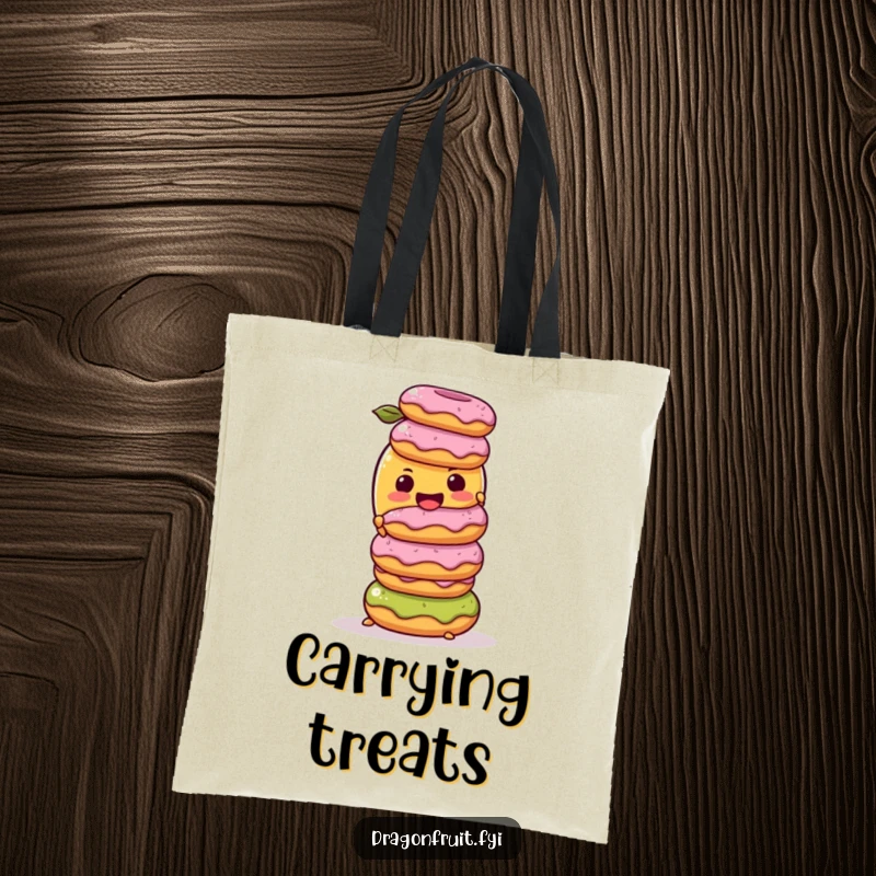 Funny Tote Bag: A mango character hilariously balancing donuts, a sweet and humorous bag for carrying everyday items and joyful vibes.