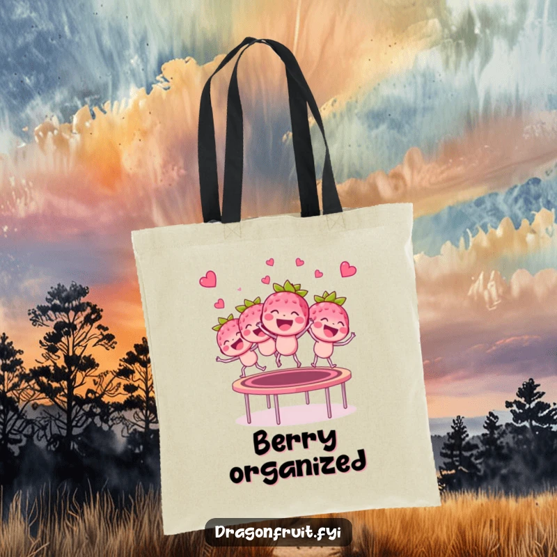 Funny raspberry bunch tote bag bouncing on a trampoline with glee, a humorous and functional accessory.