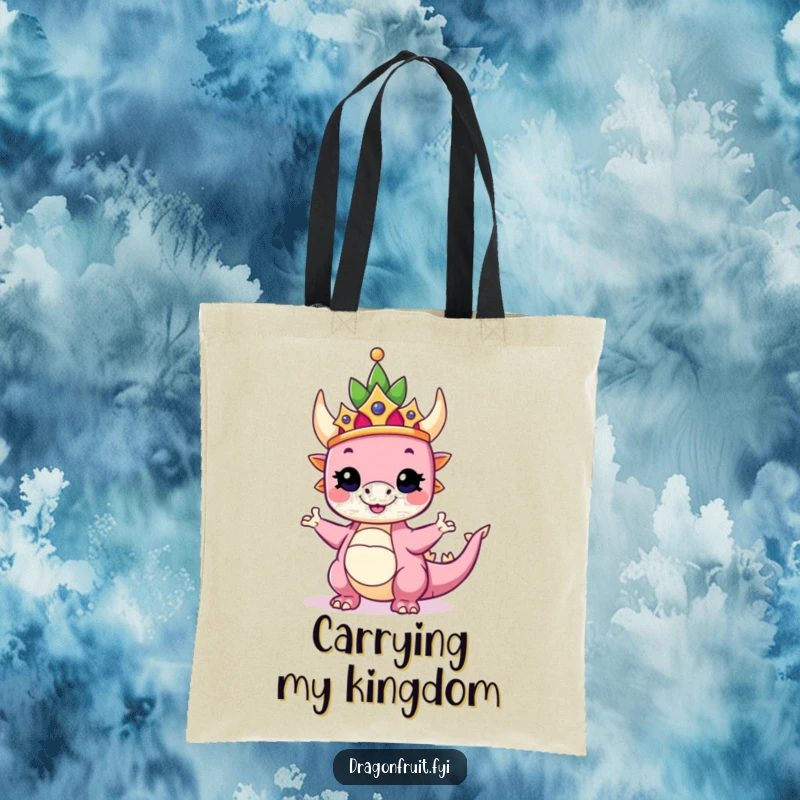 Funny tote bag showcasing a dragonfruit wearing a crown, striking a proud and silly pose, symbolizing regal fun.