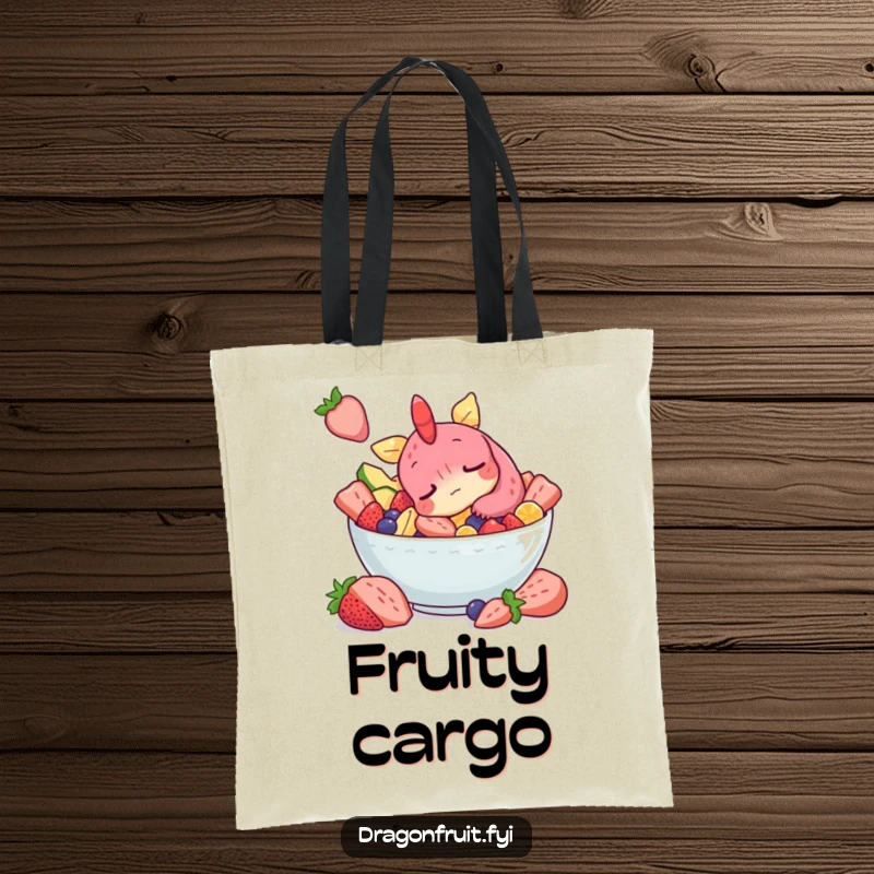 Funny tote bag depicting a sleepy dragonfruit character snoozing in a fruit salad bowl, perfect for carrying daily items.