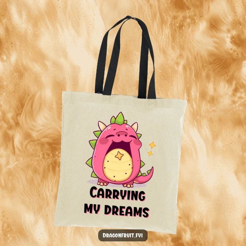 Funny dragonfruit tote bag, yawning character with mouth wide open, blowing a tiny star-shaped bubble, cute and practical.