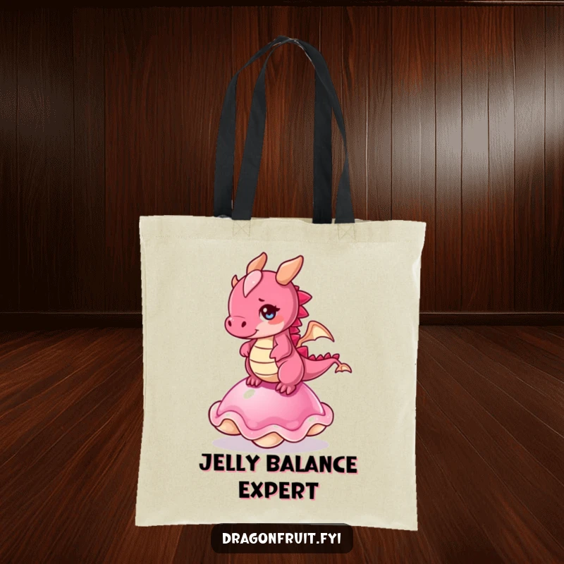 Funny tote bag: a dragonfruit character attempting to balance on a wobbly jelly, conveying a funny, unstable situation.