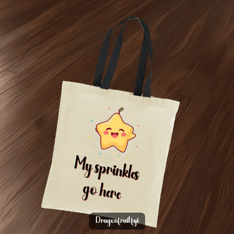 Funny Starfruit Tote Bag: A laughing starfruit character reaching for sprinkles, a humorous and practical accessory for everyday use.
