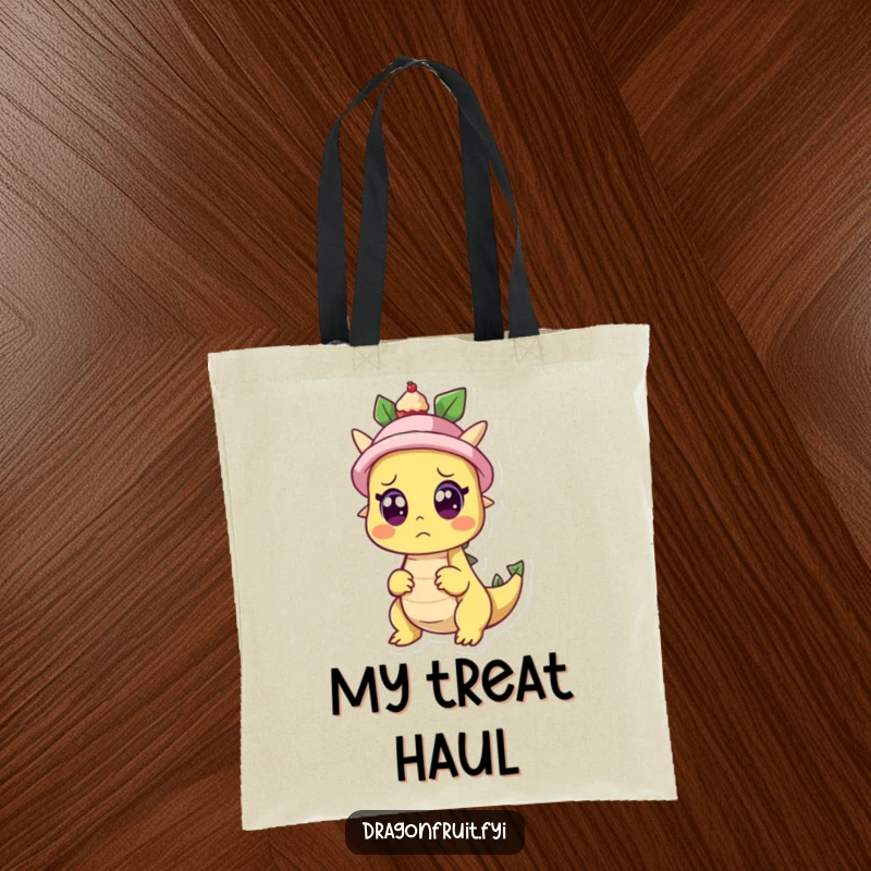 Funny tote bag with a dragonfruit character looking surprised as a cupcake pops out of a hat, perfect for carrying essentials with whimsical charm.